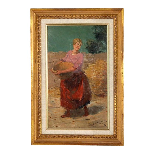 Oil on Panel Painting of a Peasant Woman With Basket, Artist Signed, C1900 For Sale
