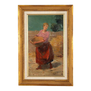 Oil on Panel Painting of a Peasant Woman With Basket, Artist Signed, C1900