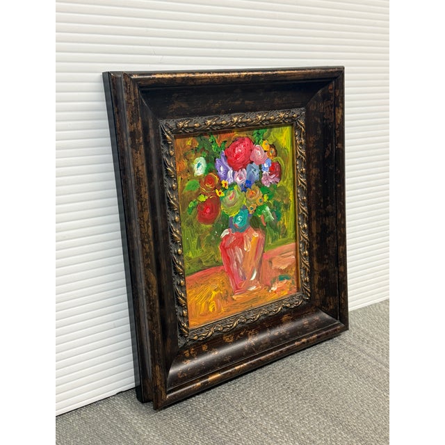 Design Plus Gallery presents a Framed Impasto Flower Bouquet Painting. This expressive still life depicts a lively...