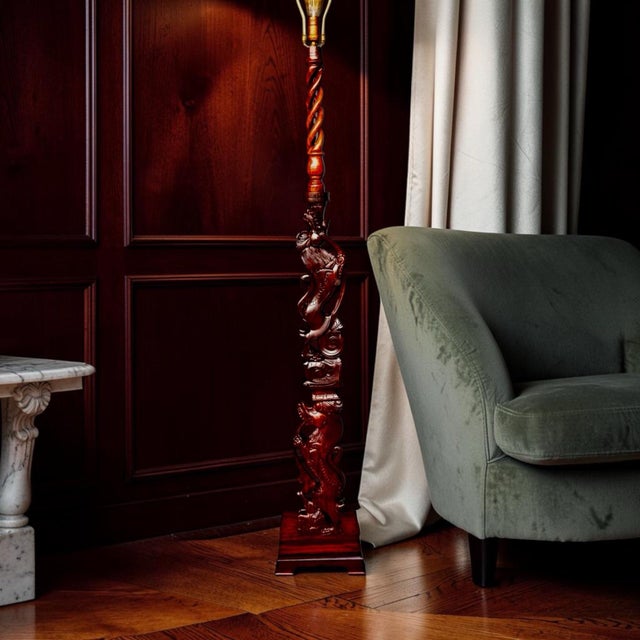 1950s Vintage Chinoiserie Intricately Hand Carved Double Foo Dog Floor Lamp With Helix Top Section Floor Lamp For Sale - Image 5 of 12
