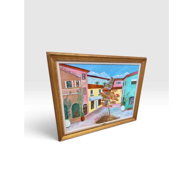 1980s 1980s Francis Downs Original Oil Painting of Colorful Mediterranean-Style Courtyard, Framed, 54” For Sale - Image 5 of 5