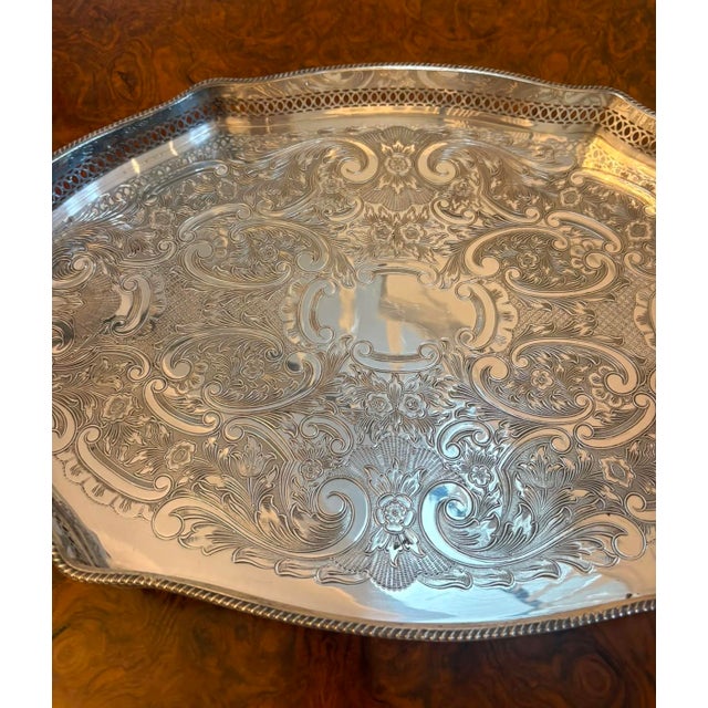 Antique Edwardian Silver-Plated Engraved Tea Tray with Pierced Gallery, 1900 For Sale - Image 13 of 15