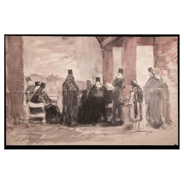 Edouard Dufeu, The Assembly, Original Drawing, Late 19th-Century For Sale