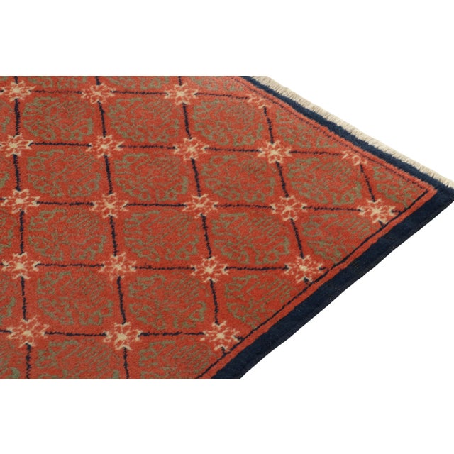 1960s 1960s Vintage Art Deco Rug in Red, Green Patterns and Blue Border For Sale - Image 5 of 8