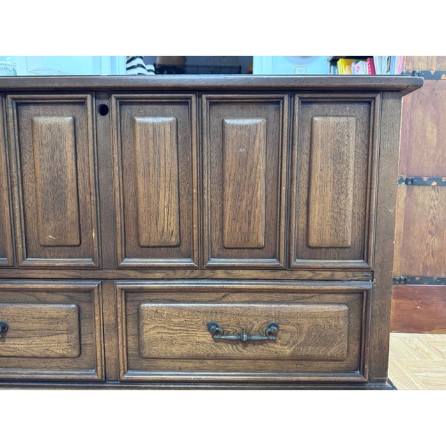 1960s 1966 Lane Mediterranean Cedar Chest With Drawer | Raised Panel Pecan Blanket Chest | Aroma-Tite Hope Chest For Sale - Image 5 of 12