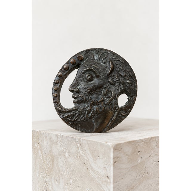 A heavy, high-quality solid cast bronze openwork medallion/plaque featuring an expressive bearded male profile in relief,...