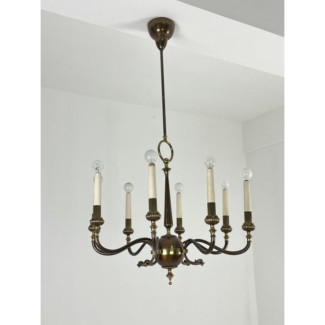 Mid-Century Modern Mid-Century 8-Light Brass Chandelier, 1950s For Sale - Image 3 of 10