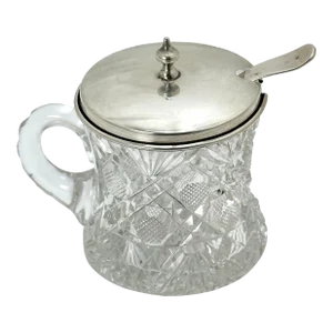 Fine Quality Antique American Deep Hand Brilliant Cut Crystal & Sterling Silver Mustard Pot With Spoon