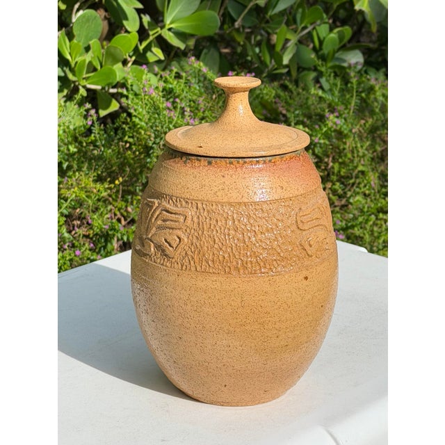 Contemporary Vintage 10” Handcrafted Lidded Studio Pottery Vessel With Incised Motif For Sale - Image 3 of 12