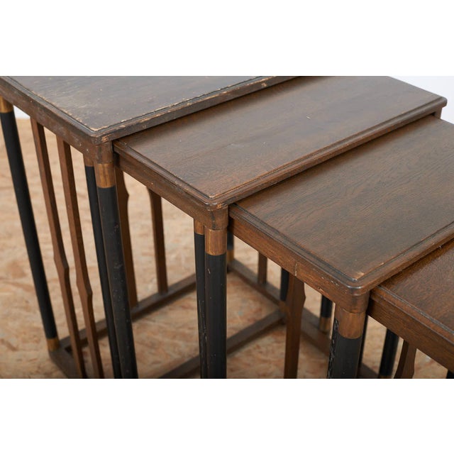 Wood Vienna Secession Nesting Tables with Wooden Base, Brass Accents, and Oak Tops, Set of 4 For Sale - Image 7 of 14