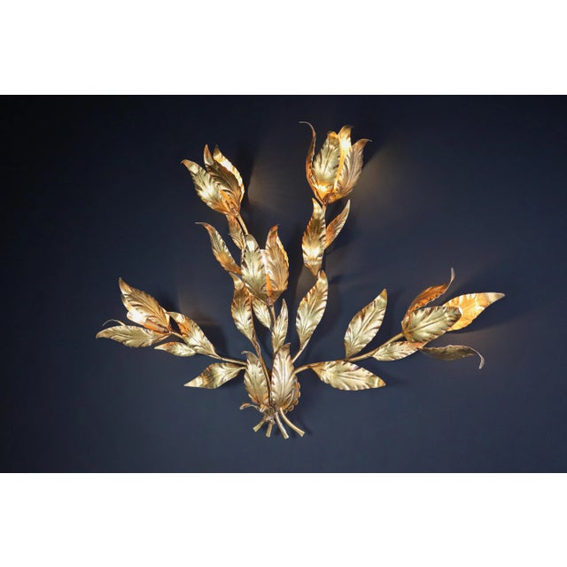 1970s Vintage German Gilded Metal Floral Leaf Monumental Wall Sconce by Hans Kögl, 1970s For Sale - Image 5 of 11