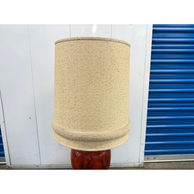 Mid-Century Modern 1960’s Drip Glaze Ceramic Table Lamp With Textured Shade – Retro Rust & Brown For Sale - Image 10 of 11
