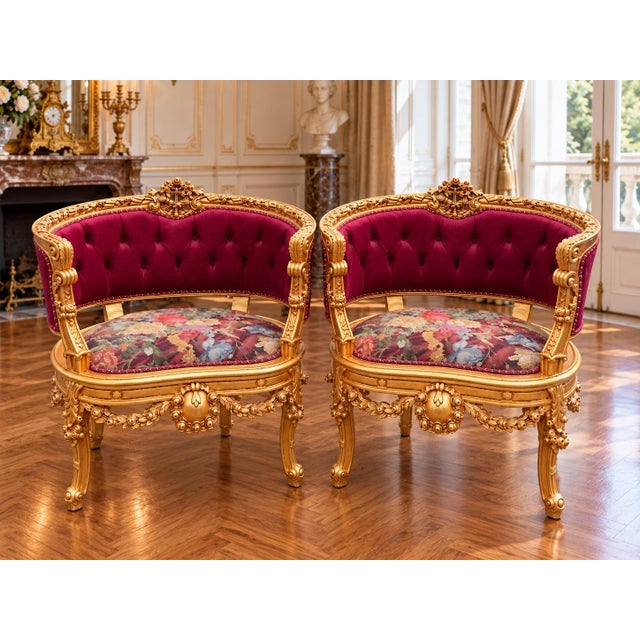 1970 French Artisan Louis XVI Gold Burgundy Sofa Set-3 Pc For Sale - Image 6 of 18
