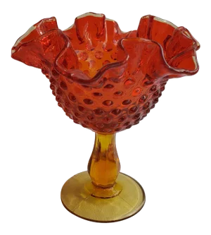 1970s Fenton Amberina Ruffled Edge Hobnail Glass Compote