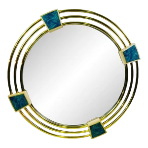 1980s Monumental Modern Triple Brass Ring Mirror With Lapis Lazuli Enamel Mirror