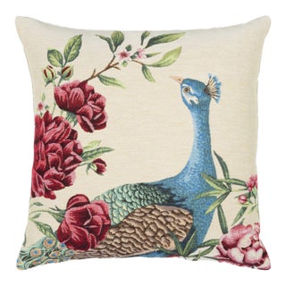 Peacock & Flowers Tapestry Cushion With Feather Filler - 46x46cm (18"x18") For Sale