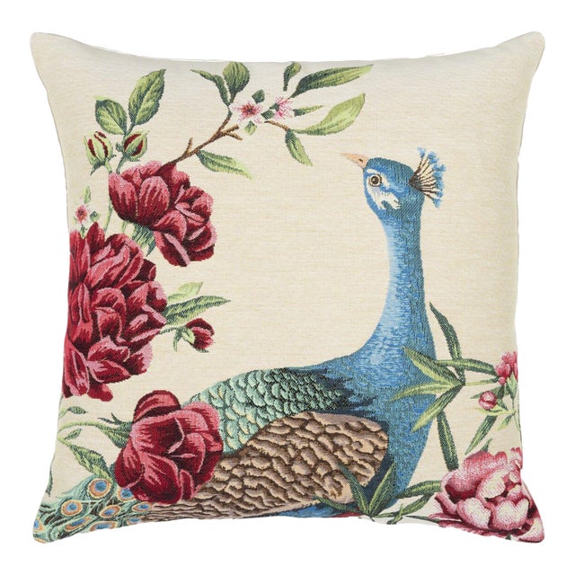 Peacock & Flowers Tapestry Cushion With Feather Filler - 46x46cm (18"x18") For Sale