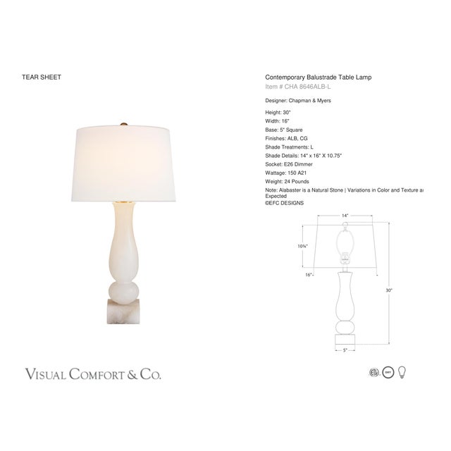 Chapman & Myers by Visual Comfort Signature Contemporary Balustrade Table Lamp in Alabaster with Linen Shade Designer:...