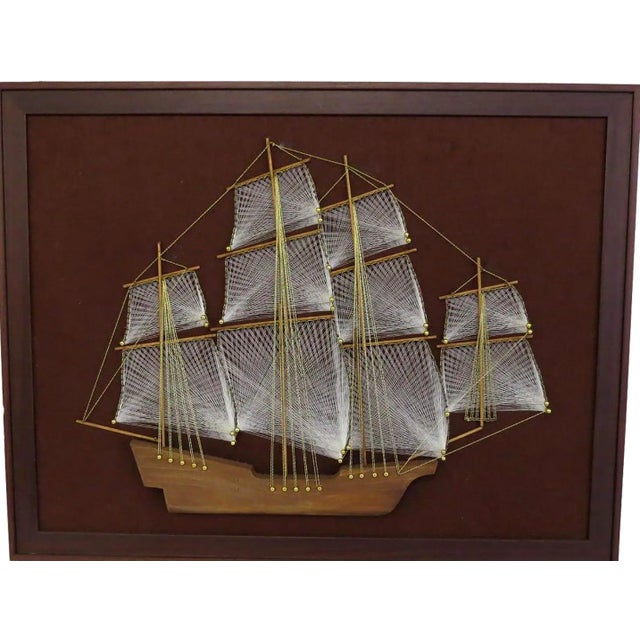 Large 1970s Mid-Century Modern Nautical String Art Galleon in Professional Gallery Frame For Sale - Image 4 of 11