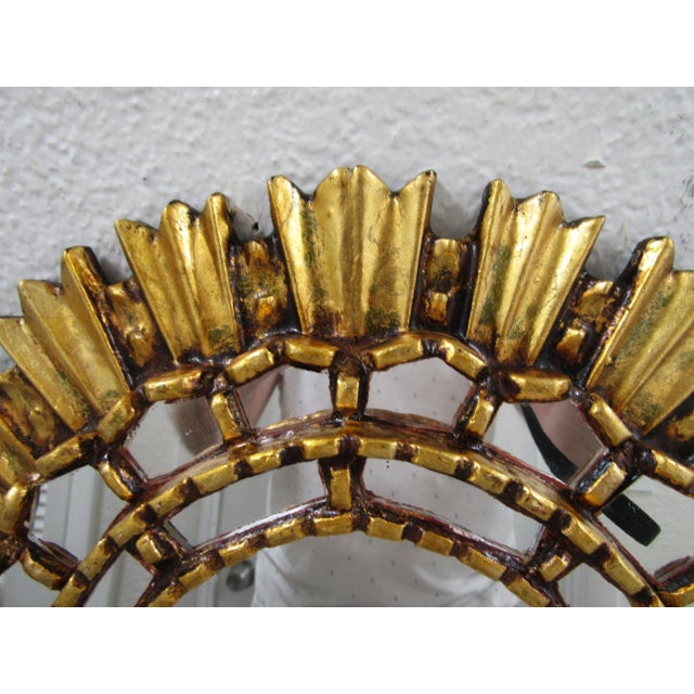 Gold 1990s Peruvian Artisan Hand Crafted Gold Oval Wood Wall Mirror For Sale - Image 8 of 9