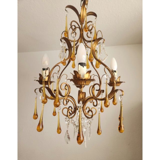 Modern Floral Five-Light Gilded Ceiling Lamp with Crystals and Murano Glass Crystal Drops, 1960s For Sale - Image 3 of 18