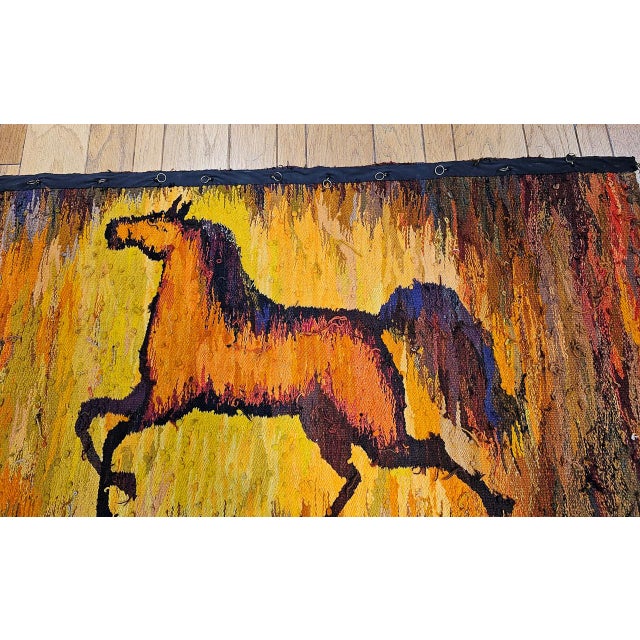 Mid-Century Modern Vintage Mid-Century Handwoven Wool Tapestry, Galloping Horse Design, Yellow & Brown, 38” X 68” For Sale - Image 3 of 11