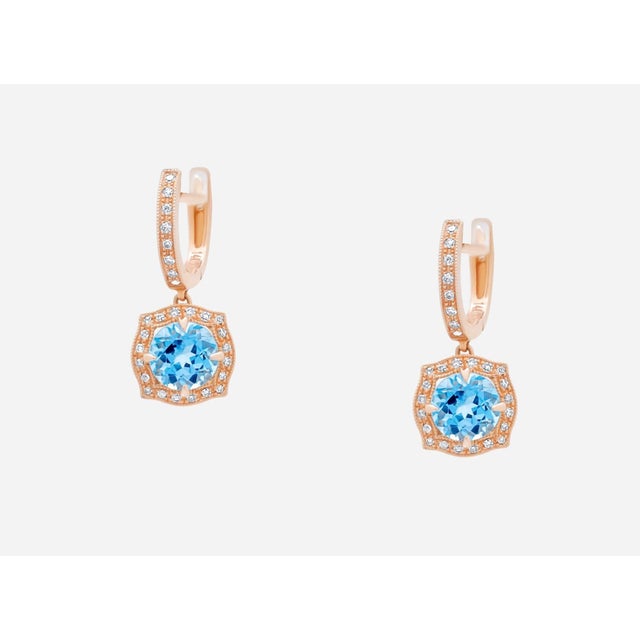 Round Brilliant Cut Blue Topaz Diamond Halo 14 Karat Rose Gold Huggie Drop Statement Beaded Milgrain Unique Earrings *...