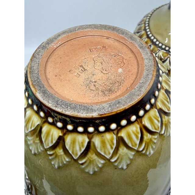 19th Century Pair of Doulton Lambeth Salt Glazed Decorated Vases 1884 For Sale - Image 5 of 16