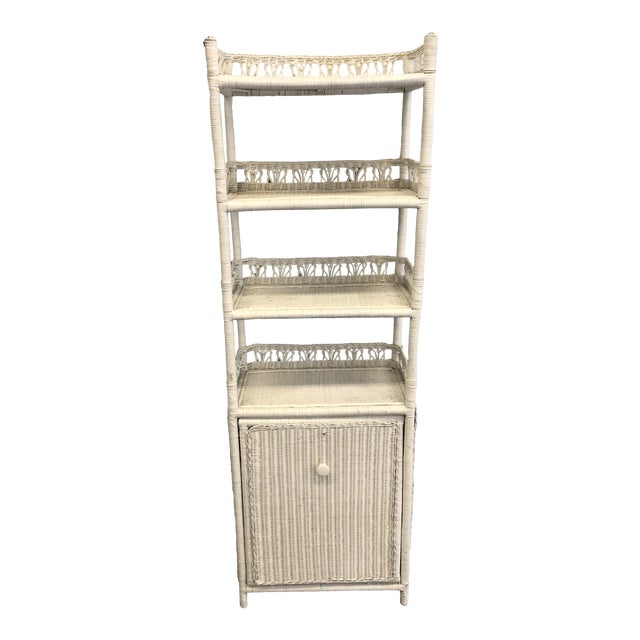 Mid Century Boho Chic White Wicker Bookcase With Hamper Bottom Chairish