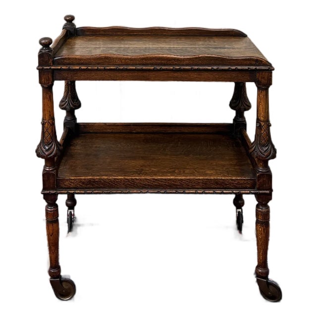 Antique English Trolley Tea Cart Pastry Cocktail Bar Cart Tray Tudor Oak 1930s For Sale