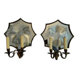 Pair of 1930's Antique Brass Sunburst Cut Mirrored Crystal Sconces With Two Candle Lights Each