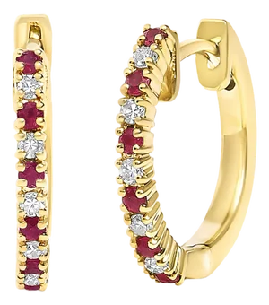 10K Yellow Gold Alternating Diamond and Red Ruby Huggy Hoop Earrings (I-J Color, I1-I2 Clarity)