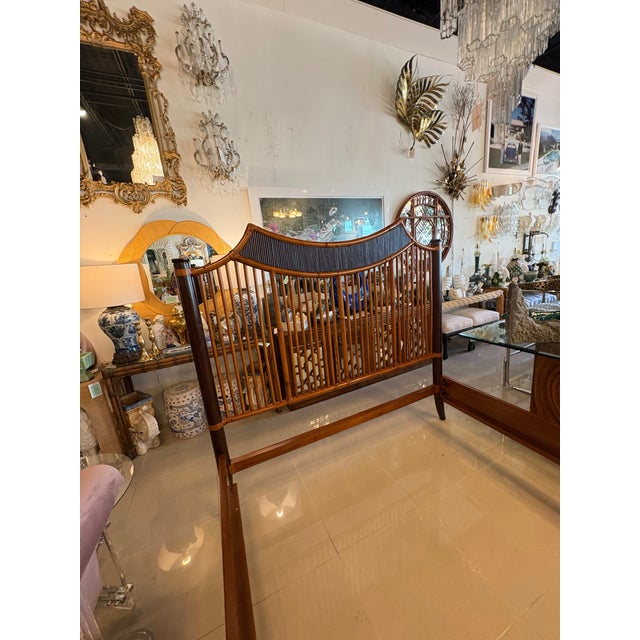 Wood Vintage Bamboo Rattan Pagoda Queen Size Bed Headboard Footboard Frame Set For Sale - Image 7 of 12