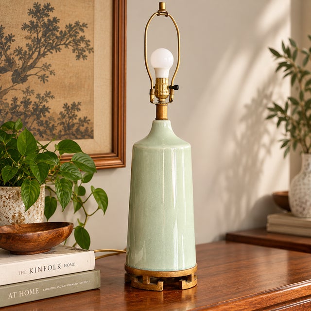 Mid-Century Modern 1960s Mid-Century Modern Celadon Crackle-Glaze Ceramic & Wood Table Lamp For Sale - Image 3 of 15