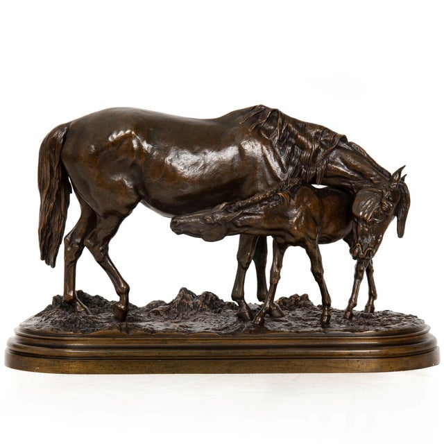 ISIDORE JULES BONHEUR French, 1827-1901 "Mare and her Foal" Sand-cast nuanced medium-brown patinated bronze Signed in cast...