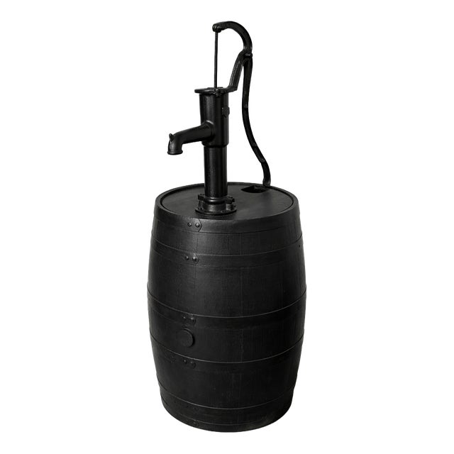 Garden Water Pump on Black Barrel in Cast Iron For Sale