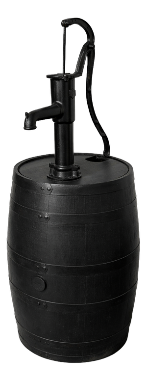 Garden Water Pump on Black Barrel in Cast Iron