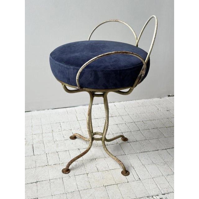 White Vintage White-Painted Iron Petal Back Vanity Chair With Navy Suede Seat, Circa Mid-20th Century For Sale - Image 8 of 16