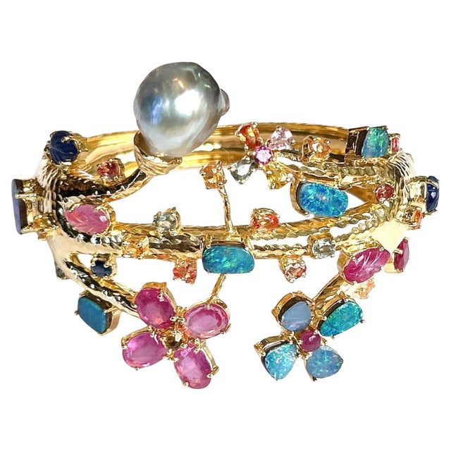 Metal Bochic “Capri” Ruby, Sapphire, Opal, Pearl & Multi Gem Cuff Set In 18K & Silver For Sale - Image 7 of 10