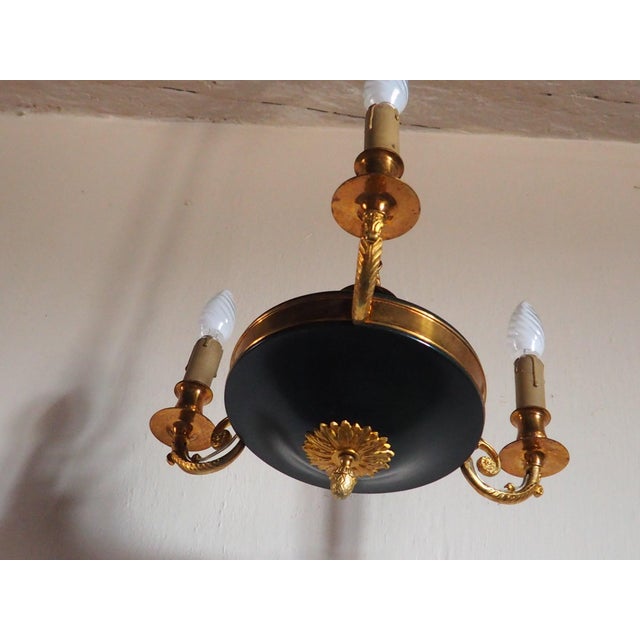 Vintage French Empire 3-Arm Brass Dark Green Tole Chandelier, 1960s For Sale - Image 3 of 16