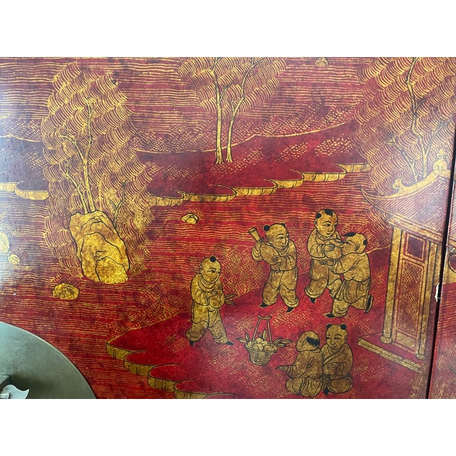 Antique Chinese Red Lacquer Wedding Cabinet With Gilt "Hundred Boys" Motif For Sale In Dallas - Image 6 of 12