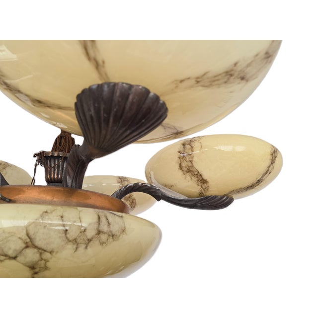 1930s 5-Arm Art Deco Chandelier Marbled Glass Shades Brass Accents, Antique European Lamp For Sale - Image 9 of 16