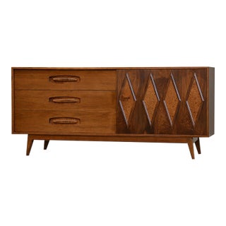 1960s Refinished Walnut Star Long 76” Dresser by Young Manufacturing For Sale