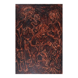 Vintage Expressionist Caveman Campfire and Dogs Painting For Sale