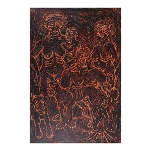 Vintage Expressionist Caveman Campfire and Dogs Painting