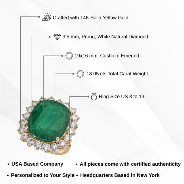 VRJewels 18.05 Ct Emerald & 2.72 Ct Diamond 14k Yellow Gold Statement Ring Size 4 For Sale - Image 13 of 18