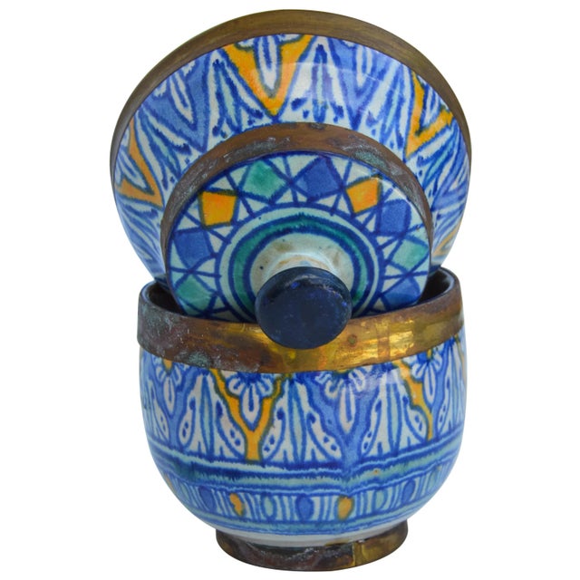 Moroccan 1920s Moorish Ceramic Lidded Bowl With Brass For Sale - Image 3 of 6