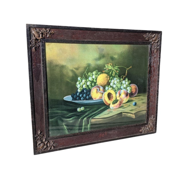 Early 20th Century Antique Still Life Fruit Art in Black Forest Wooden Frame For Sale - Image 5 of 9