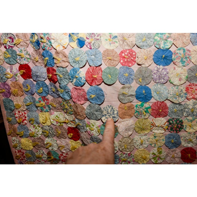 Antique 1930s Yo Yo Quilt Coverlet | Depression Era Feed Sack Fabrics | 49x72 | Cottagecore Folk Art Textile For Sale - Image 4 of 13