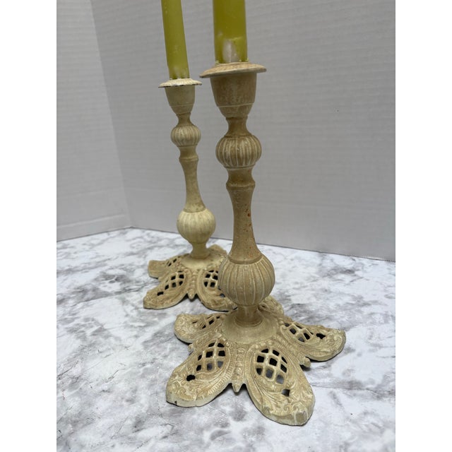 1970s Vintage Creamy Toned Iron Candleholders - A Pair For Sale - Image 5 of 7